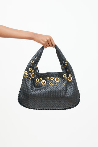 Bottega Veneta Black Intrecciato Leather 
Gold Grommet Bag