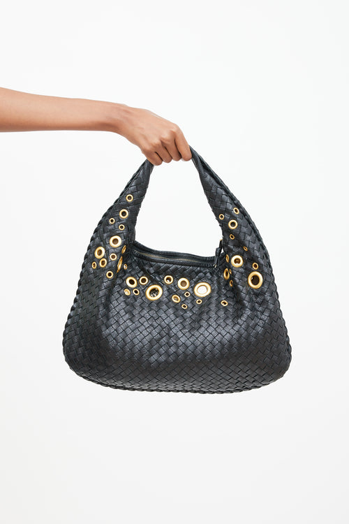 Bottega Veneta Black Intrecciato Leather 
Gold Grommet Bag