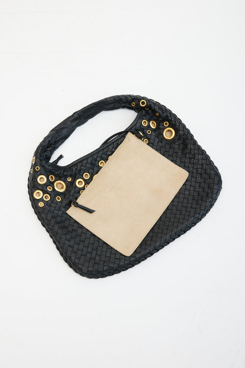 Bottega Veneta Black Intrecciato Leather 
Gold Grommet Bag