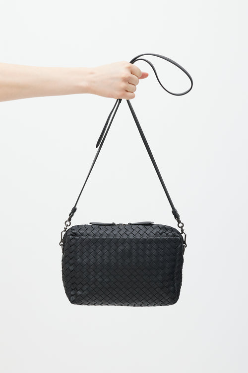 Bottega Veneta Black Leather Intrecciato Crossbody Bag