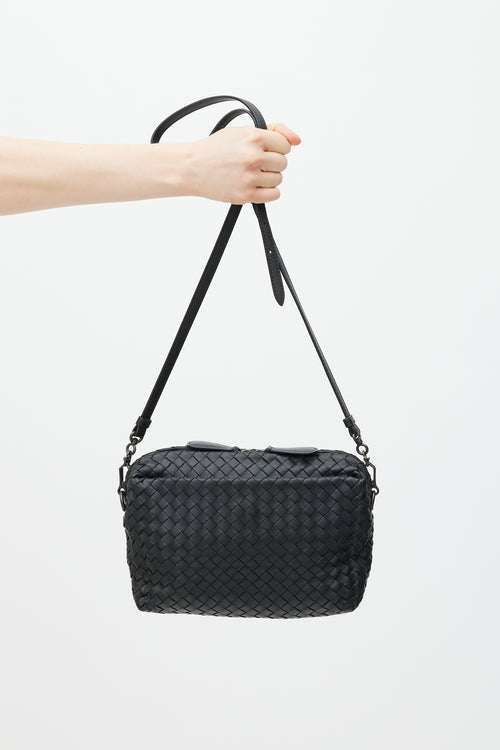 Bottega Veneta Black Leather Intrecciato Crossbody Bag