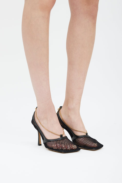 Bottega Veneta Black Mesh Gold Chain Heel