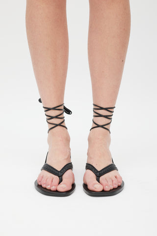 Bottega Veneta Black Woven Leather Lace Up Sandal