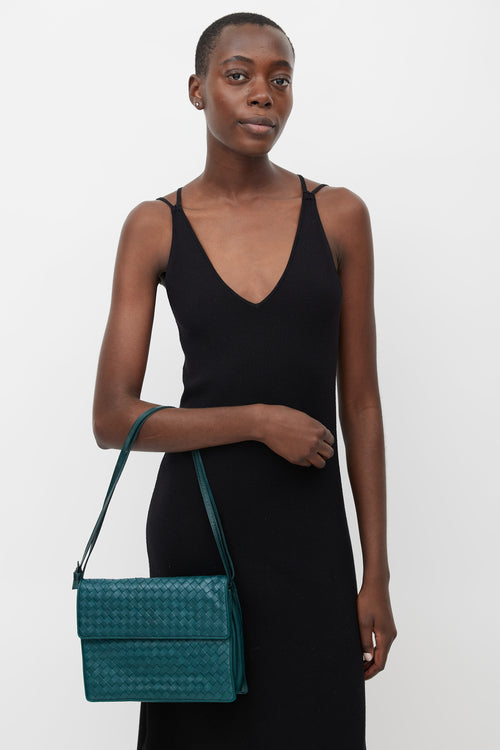 Teal Intrecciato Woven Crossbody Bag