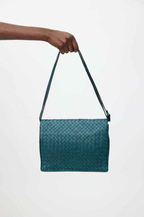 Teal Intrecciato Woven Crossbody Bag