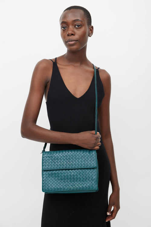 Teal Intrecciato Woven Crossbody Bag