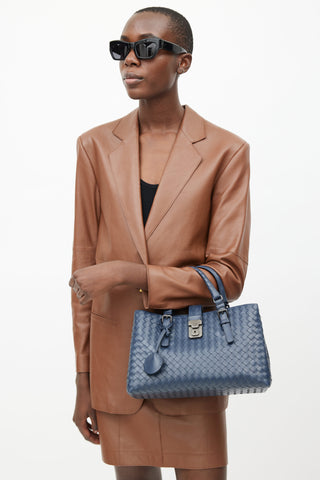 Bottega Veneta Blue Intrecciato Leather Small Roma Bag