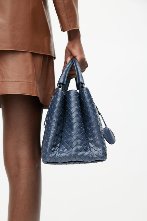 Bottega Veneta Blue Intrecciato Leather Small Roma Bag