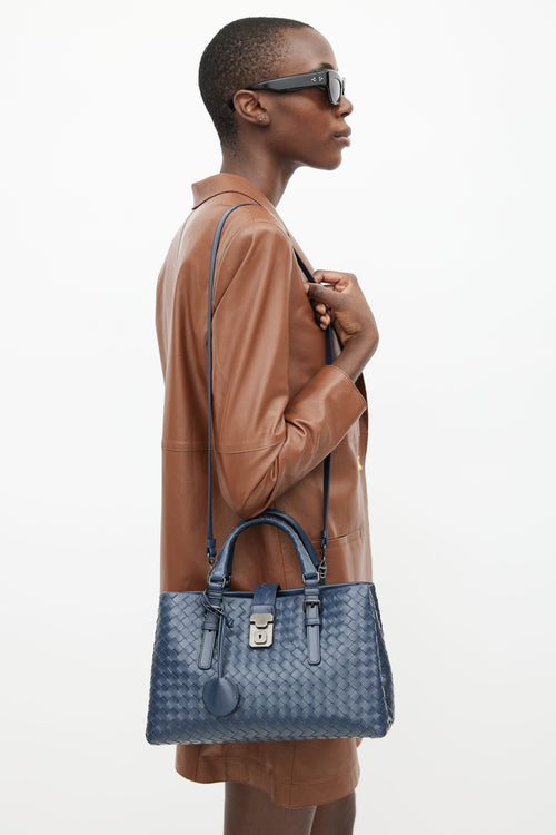 Bottega Veneta Blue Intrecciato Leather Small Roma Bag