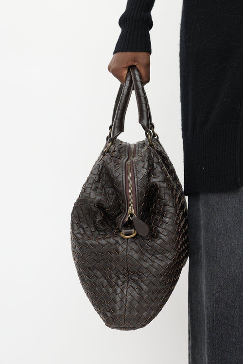 Bottega Veneta Dark Brown Leather Intrecciato Two Way Tote Bag