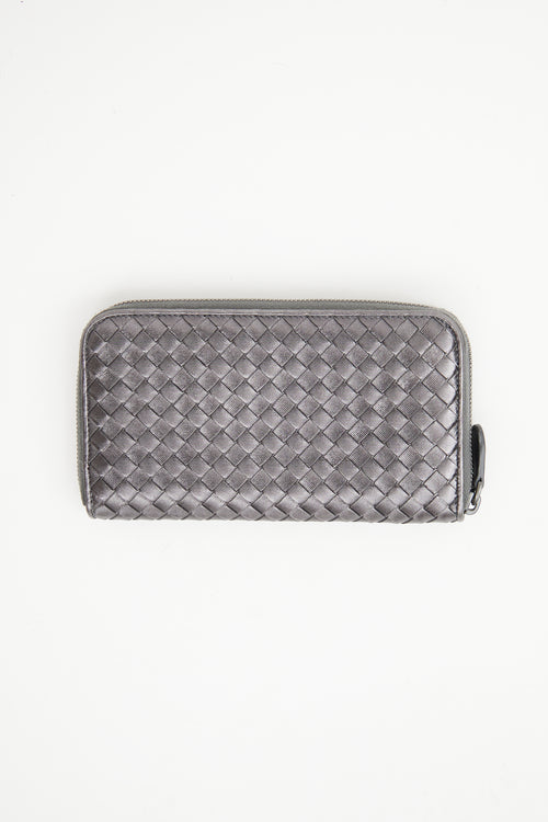 Bottega Veneta Grey Intrecciato Zip Wallet