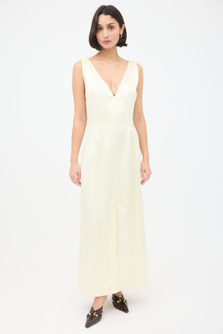 Bottega Veneta Light Yellow Washed Silk V-Neck Dress