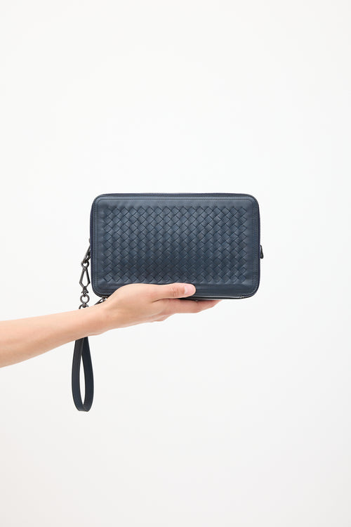 Bottega Veneta Navy Leather Intrecciato Clutch