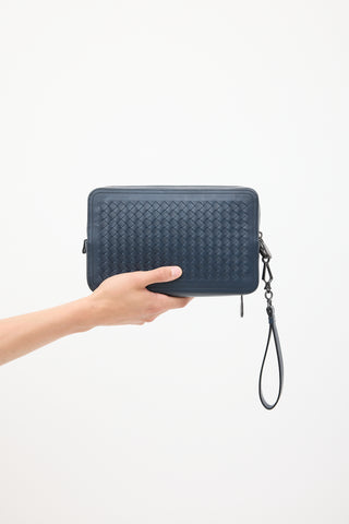 Bottega Veneta Navy Leather Intrecciato Clutch