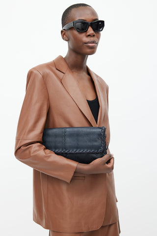 Bottega Veneta Navy Leather Woven Trim Clutch