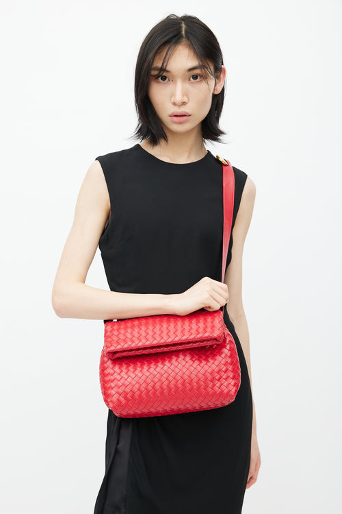 Bottega Veneta Red Intreciatto BV Fold Leather Shoulder Bag