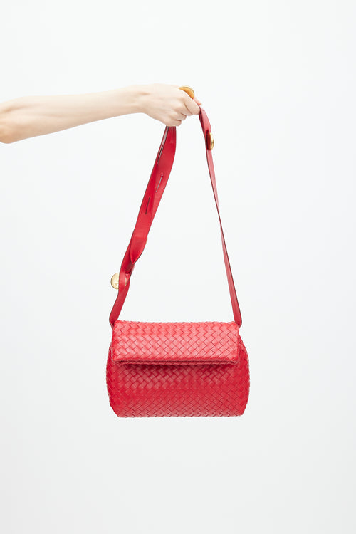 Bottega Veneta Red Intreciatto BV Fold Leather Shoulder Bag