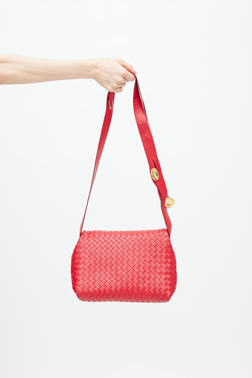 Bottega Veneta Red Intreciatto BV Fold Leather Shoulder Bag