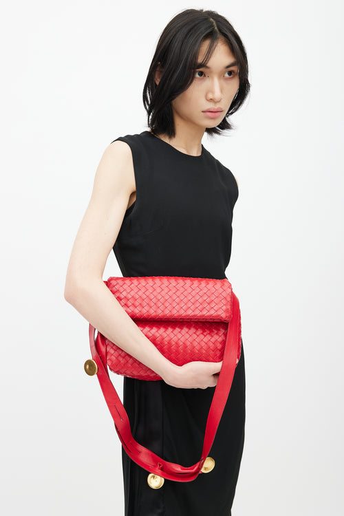 Bottega Veneta Red Intreciatto BV Fold Leather Shoulder Bag