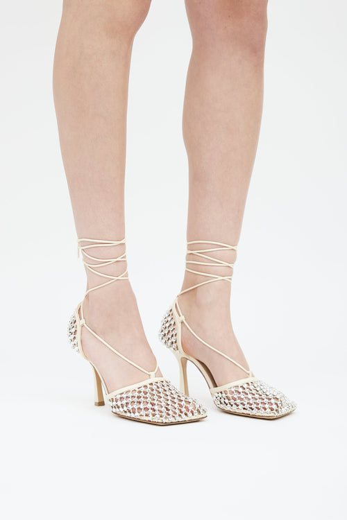 Bottega Veneta Beige Leather Sparkle Strech Lace Up Heel