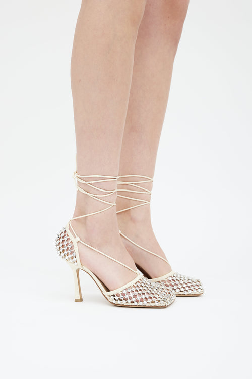 Bottega Veneta Beige Leather Sparkle Strech Lace Up Heel