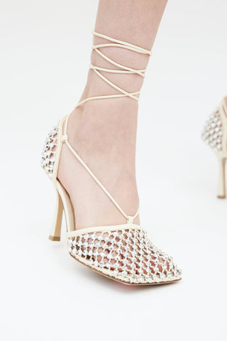 Bottega Veneta Beige Leather Sparkle Strech Lace Up Heel