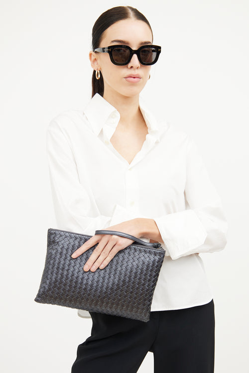 Bottega Veneta Grey Metallic Intrecciato Woven Pouch