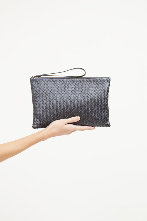 Bottega Veneta Grey Metallic Intrecciato Woven Pouch