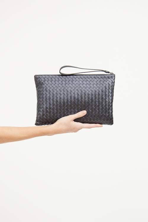 Bottega Veneta Grey Metallic Intrecciato Woven Pouch