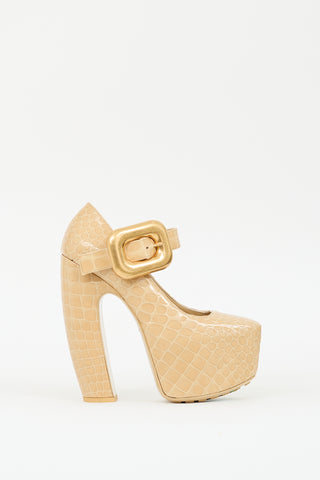 Bottega Veneta Beige Embossed Leather Mostra Mary Jane Pump