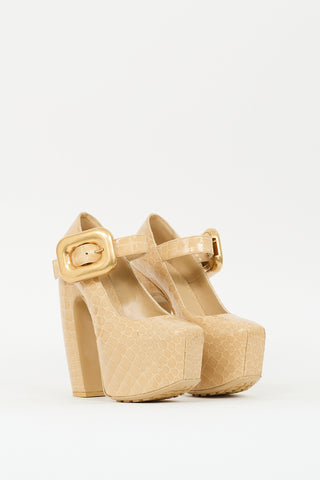 Bottega Veneta Beige Embossed Leather Mostra Mary Jane Pump