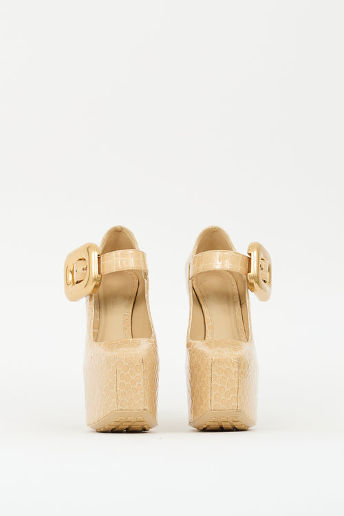 Bottega Veneta Beige Embossed Leather Mostra Mary Jane Pump