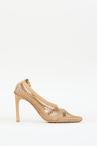 Bottega Veneta Beige Mesh 
Leather Chained Ankle Heel