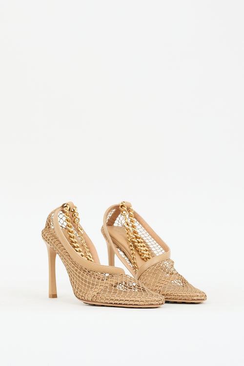 Bottega Veneta Beige Mesh 
Leather Chained Ankle Heel