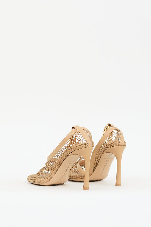 Bottega Veneta Beige Mesh 
Leather Chained Ankle Heel