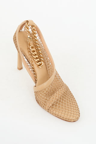 Bottega Veneta Beige Mesh 
Leather Chained Ankle Heel