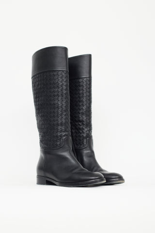 Bottega Veneta Black Leather Intrecciato Pattern Riding Boot