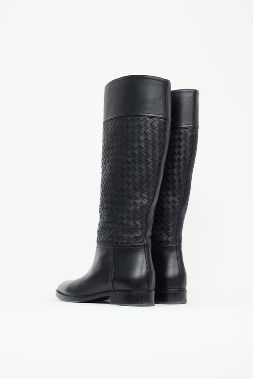 Bottega Veneta Black Leather Intrecciato Pattern Riding Boot