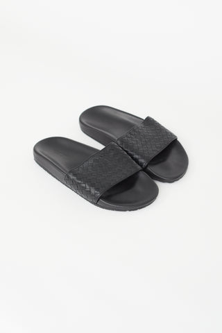 Bottega Veneta Black Leather Intrecciato Woven Slide