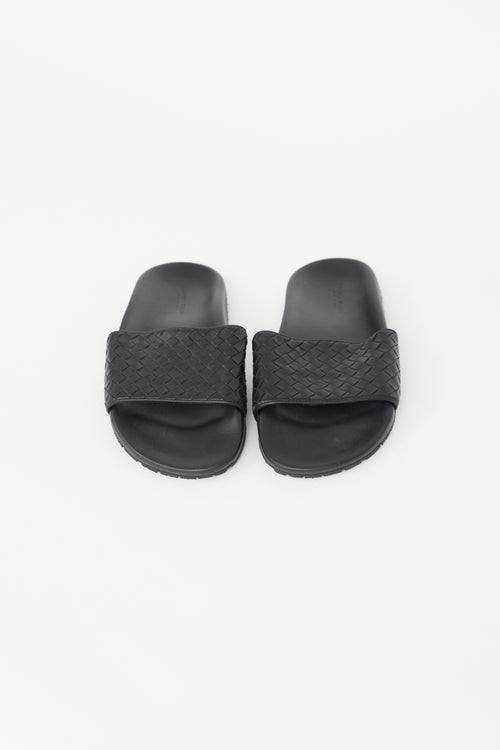 Bottega Veneta Black Leather Intrecciato Woven Slide