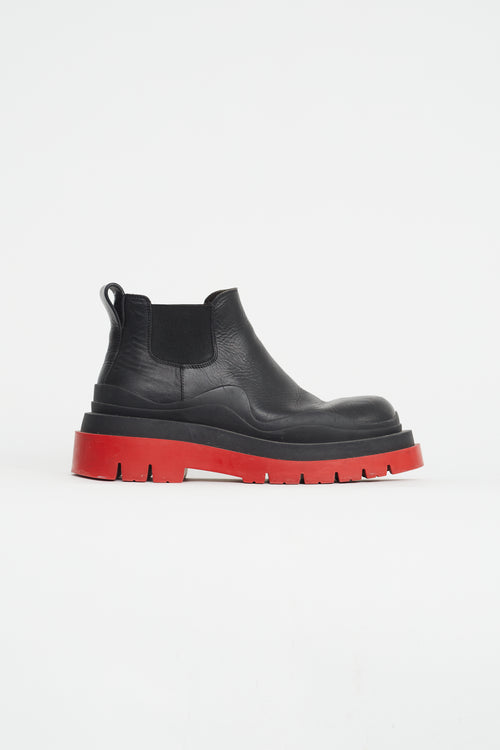 Bottega Veneta Black 
Red Leather Platform Chelsea Boot