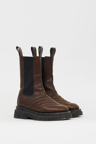 Bottega Veneta Brown Leather Chevron Quilted Lug Boot