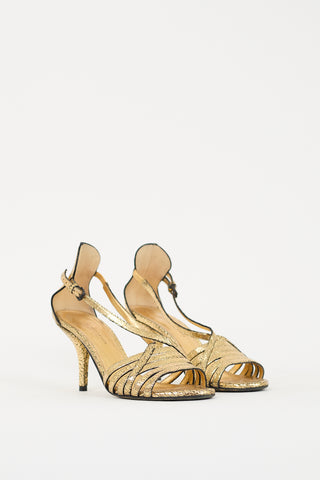 Bottega Veneta Gold Metallic Crackle Leather Strappy Heel