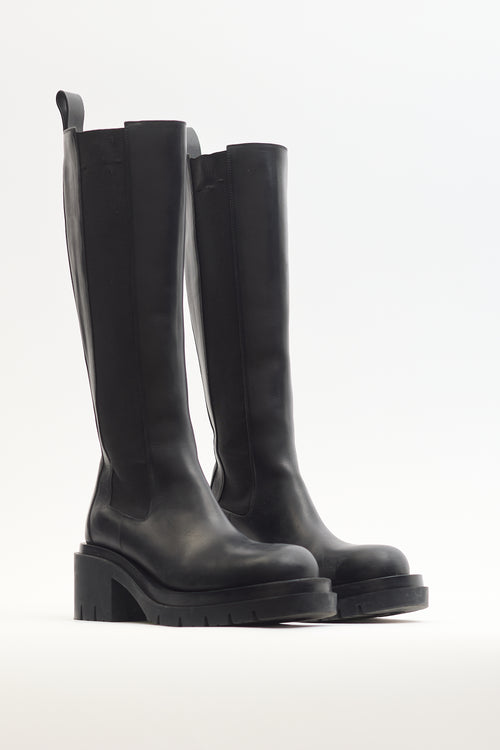 Bottega Veneta Black Leather Lug Knee High Chelsea Boot