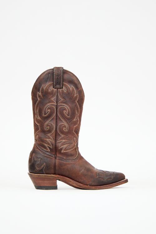 Boulet Brown Leather Embroidered Cowboy Boot