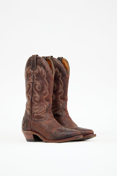 Boulet Brown Leather Embroidered Cowboy Boot