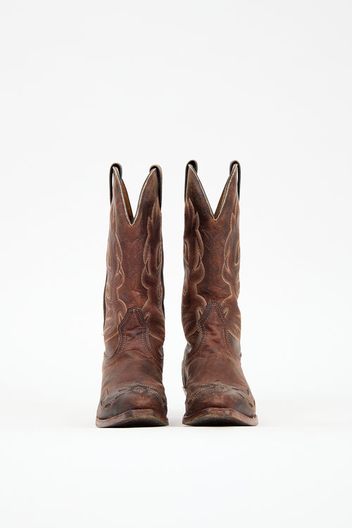 Boulet Brown Leather Embroidered Cowboy Boot