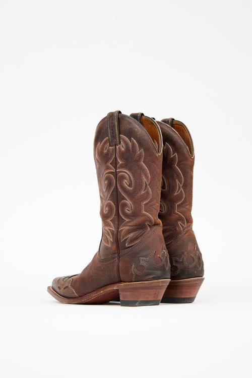 Boulet Brown Leather Embroidered Cowboy Boot