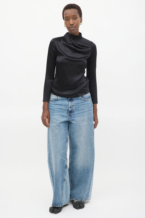 Brandon Maxwell Black Silk Draped High Neck  Top