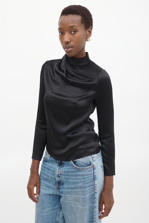 Brandon Maxwell Black Silk Draped High Neck  Top